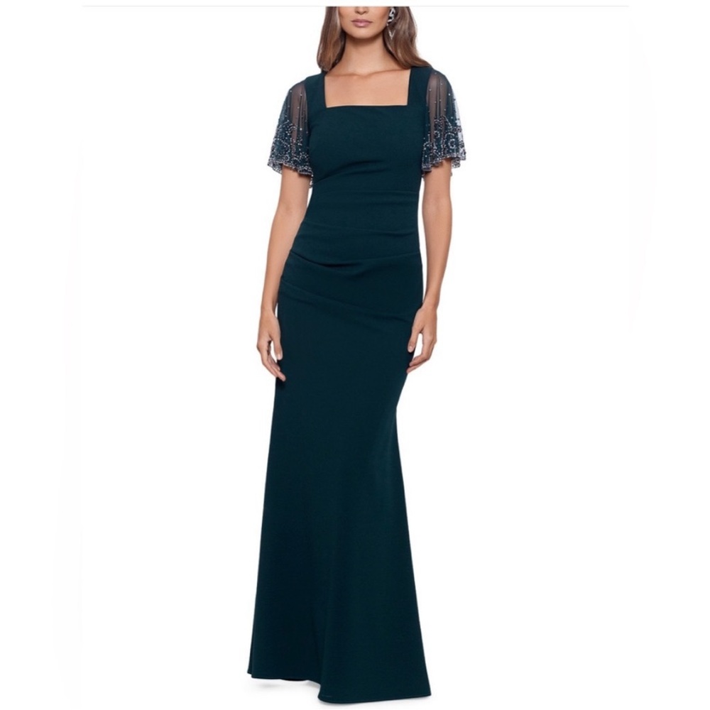 BETSY & ADAM Beaded Flutter-Sleeve Ruched Gown Square Neckline in Pine Green 8 - Picture 13 of 13